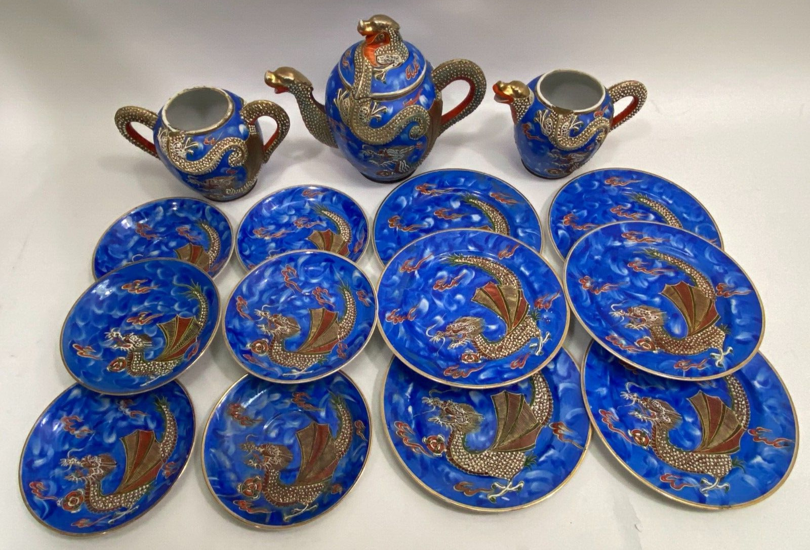 Incomplete Vintage Handmade Porcelain Dragon Teapot Set Blue