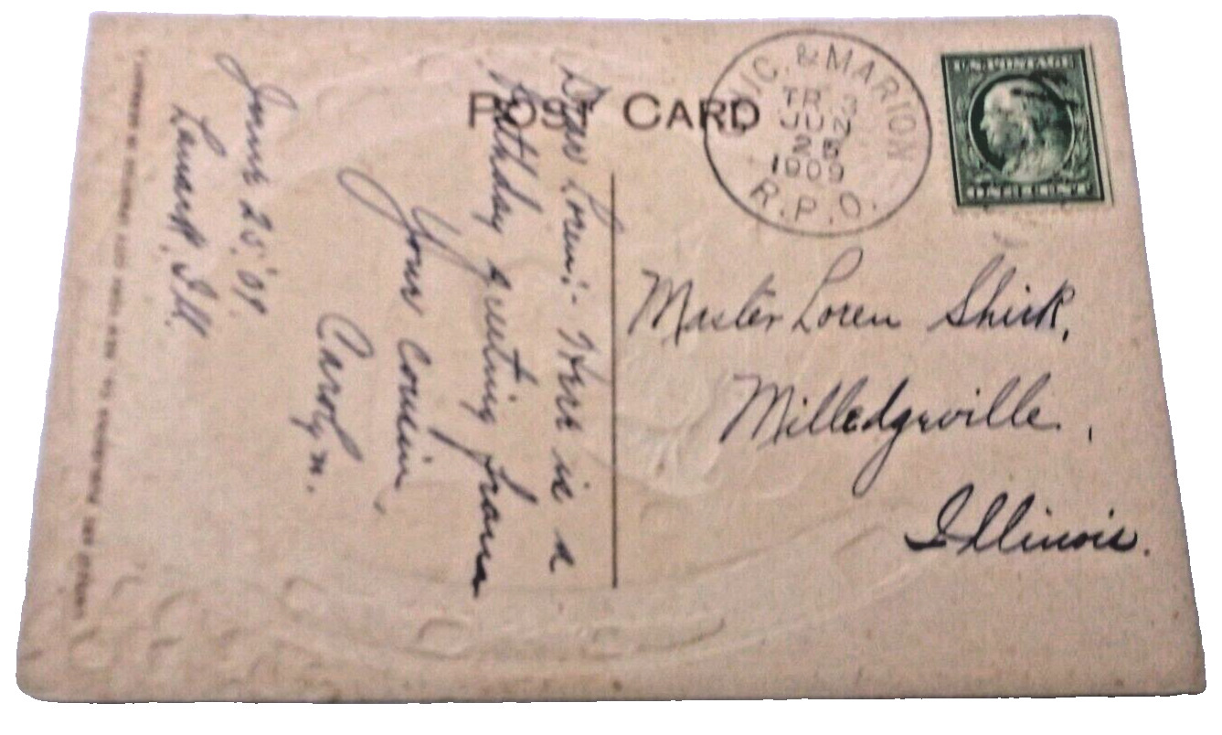 JUNE 1909 MILWAUKEE ROAD TRAIN #3 CHICAGO & MARION RPO HANDLED POST CARD