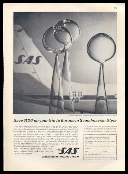 1962 Scandinavian Airlines PRINT AD SAS feat: John Selbing Glass Vases Jet Plane