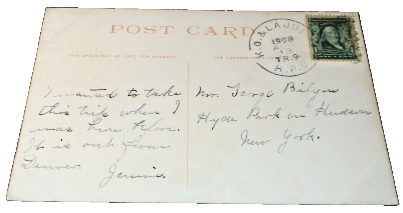 AUGUST 1908 ATSF SANTA FE TRAIN #9 KANSAS CITY & LA JUNTA RPO POST CARD