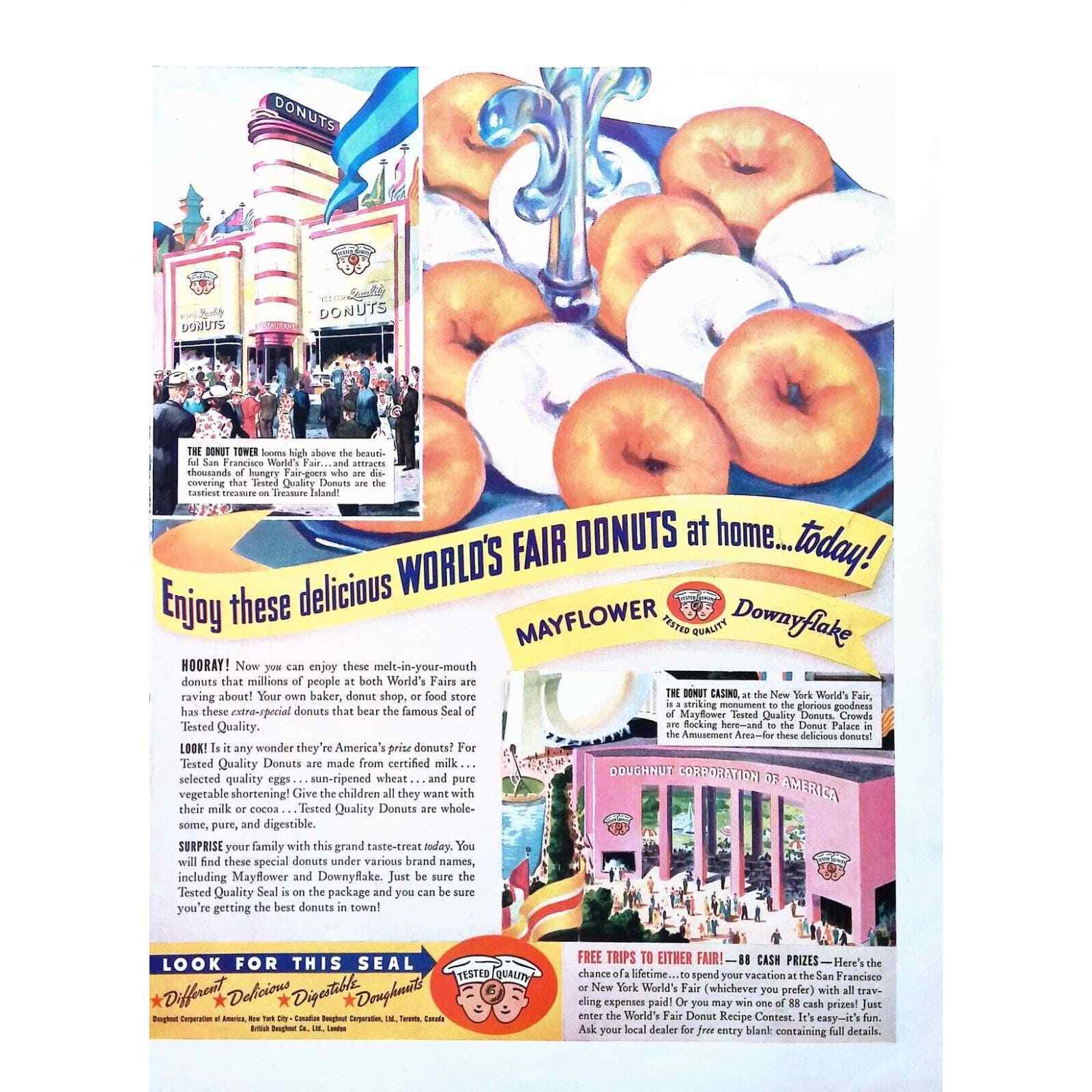 Donuts 1939 Print Ad Mayflower Downyflake World\'s Fair Donuts at Home 10x14