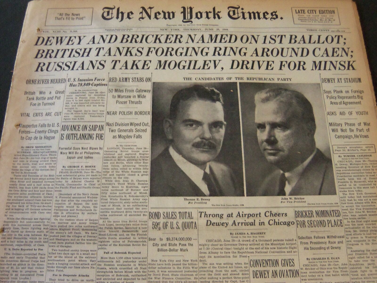 1944 JUNE 29 NEW YORK TIMES - DEWEY AND BRICKER NAMED ON 1ST BALLOT - NT 5903