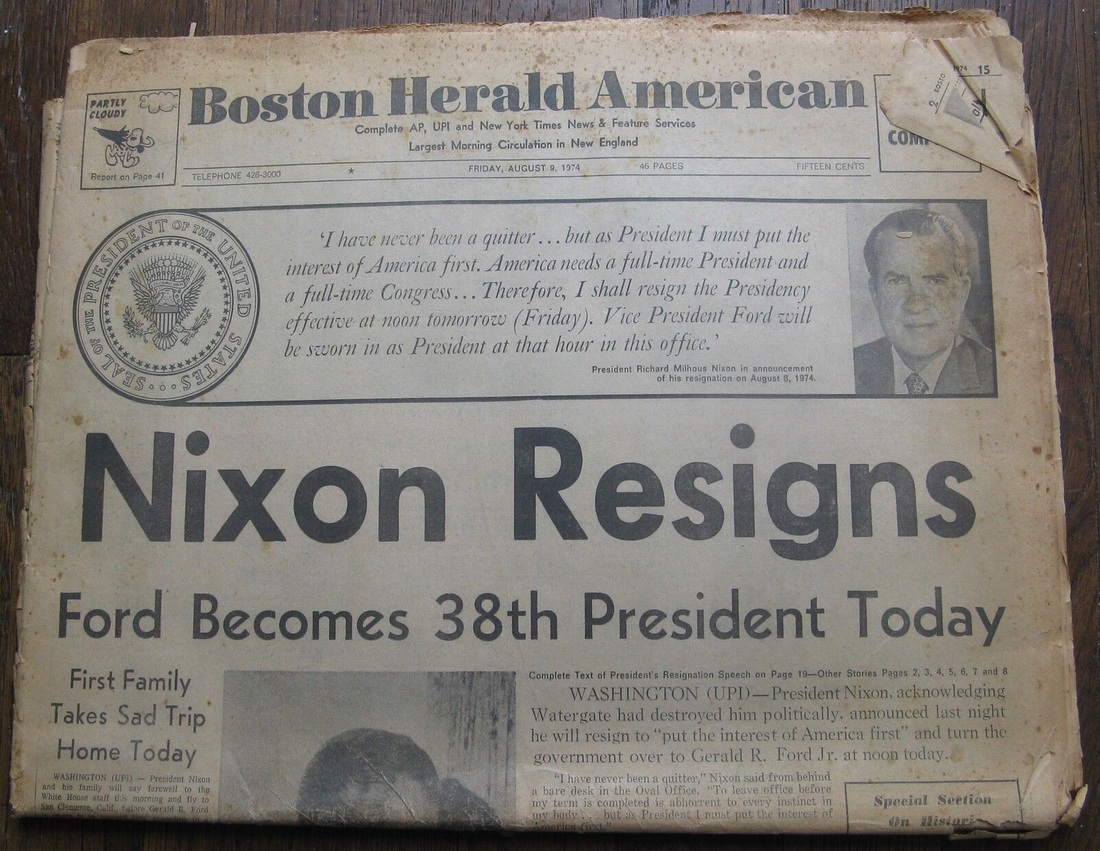 August 9, 1974 Boston Herald American Newspaper NIXON RESIGNS Ford Becomes Pres