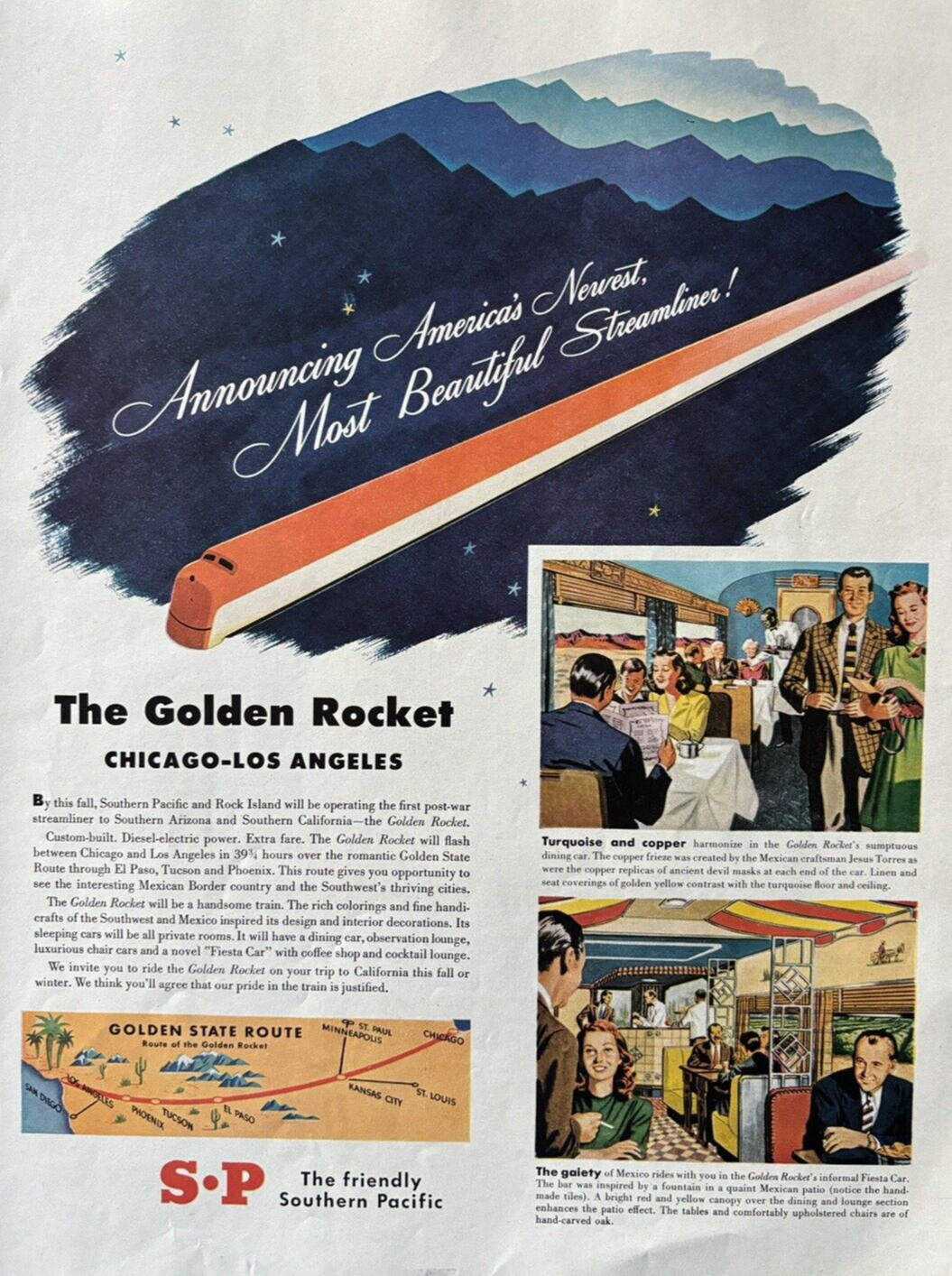 Southern Pacific & Rock Island Golden Rocket Train Chi-LA Vintage Print Ad 1940s