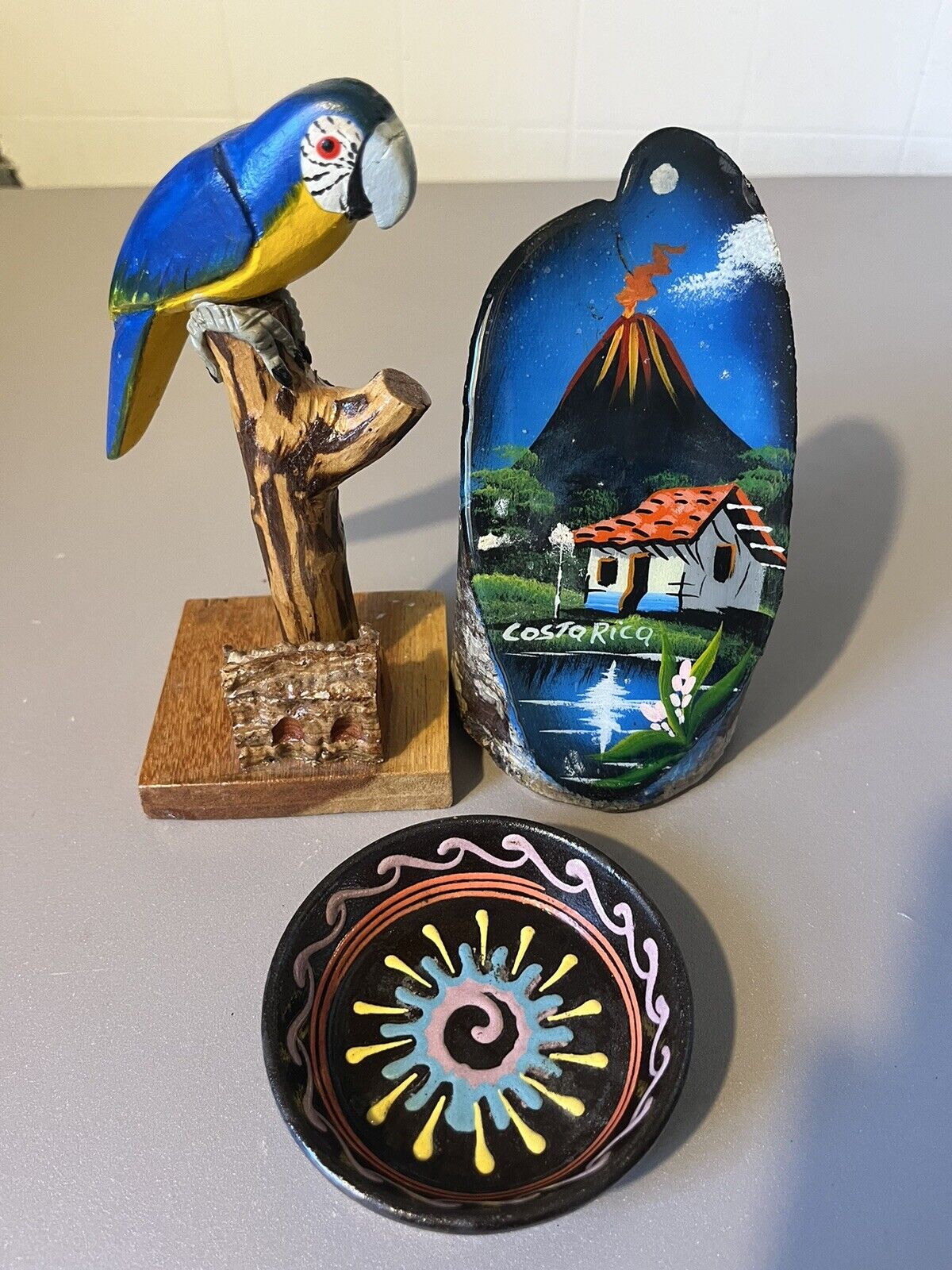 Hand Crafted Costa Rica Souvenir Lot Wooden Parrot Tree Painting