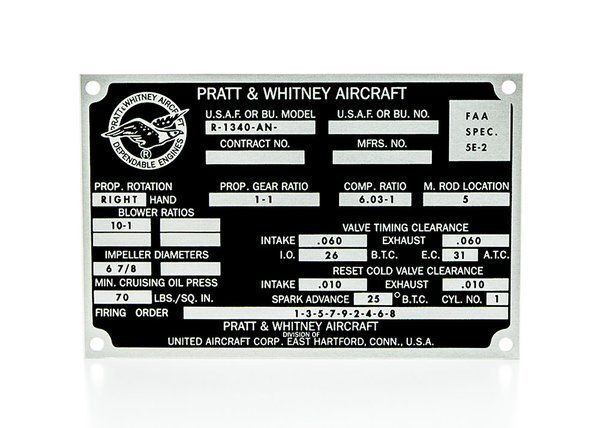 Pratt & Whitney R-985-AN Repro Data Plate Radial Engine WW II Aviation  DPL-0111
