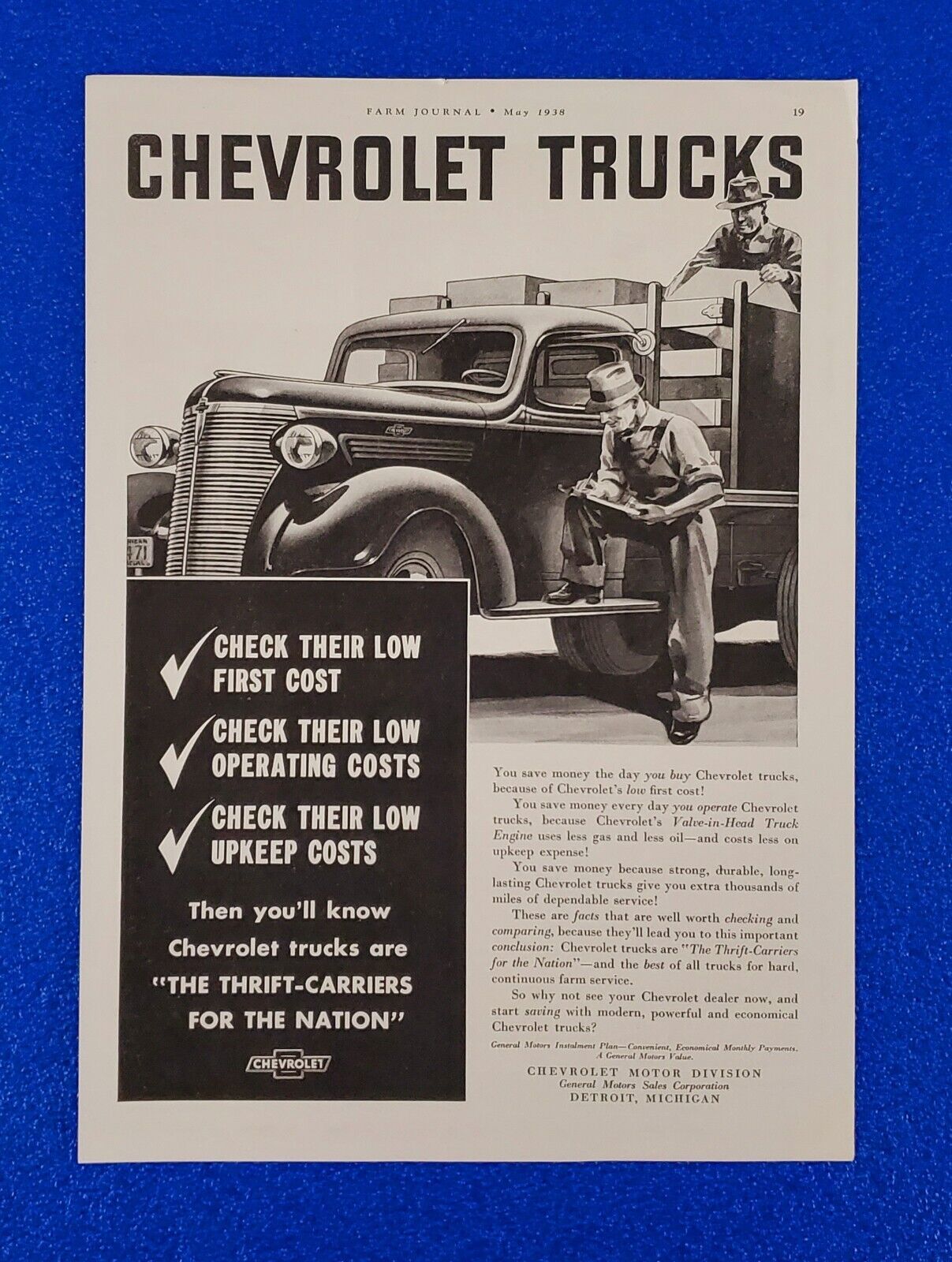 1938 CHEVY WORK TRUCK ORIGINAL PRINT AD \
