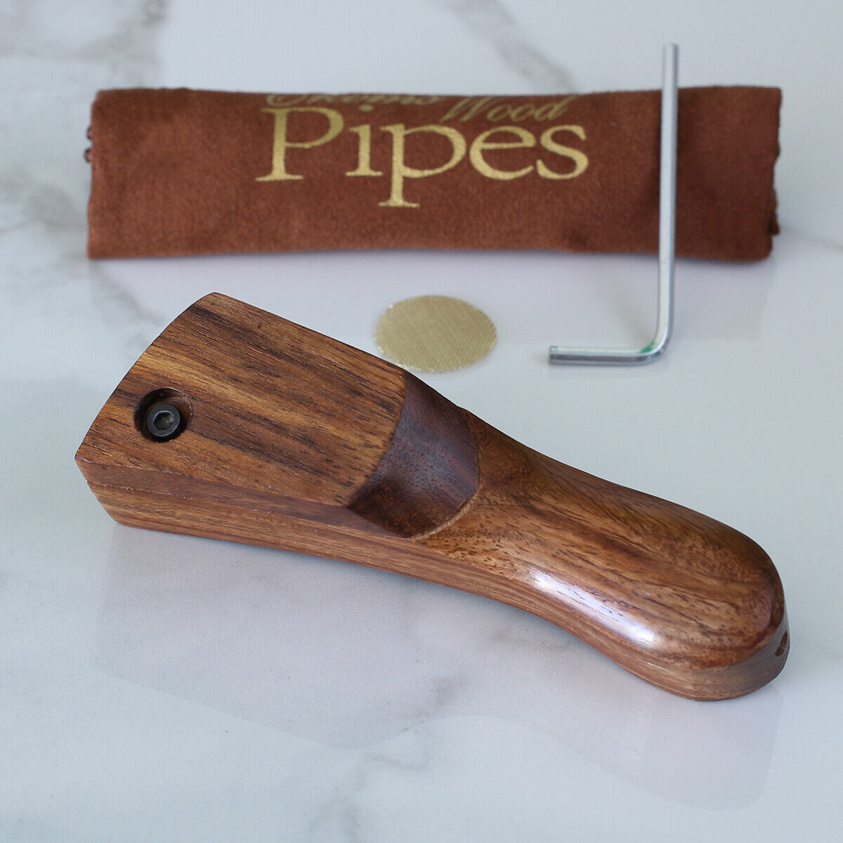 Curved & Matching Lid Premium Wood Hand Crafted Smoking Pipe with Allen Wrench