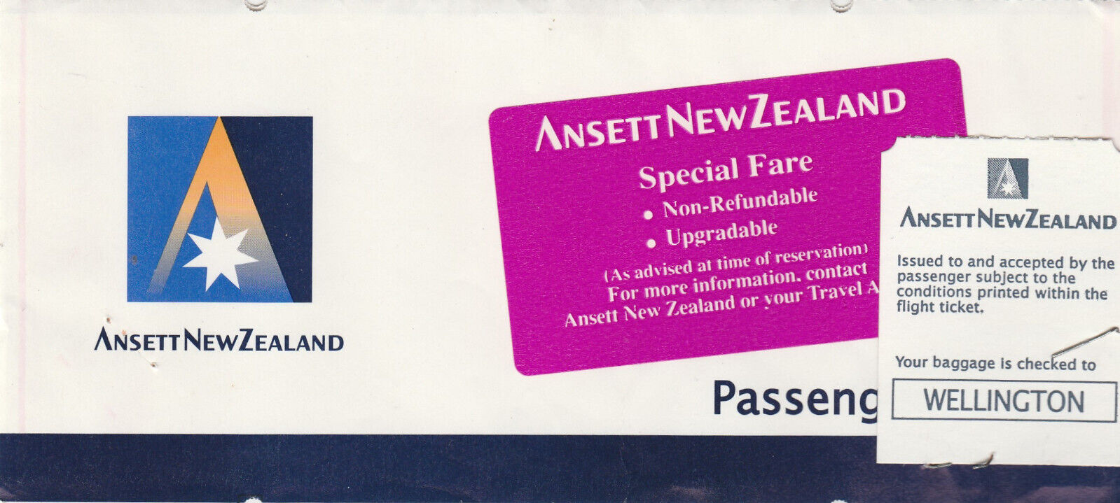 Ansett New Zealand airline domestic passenger ticket & baggage check