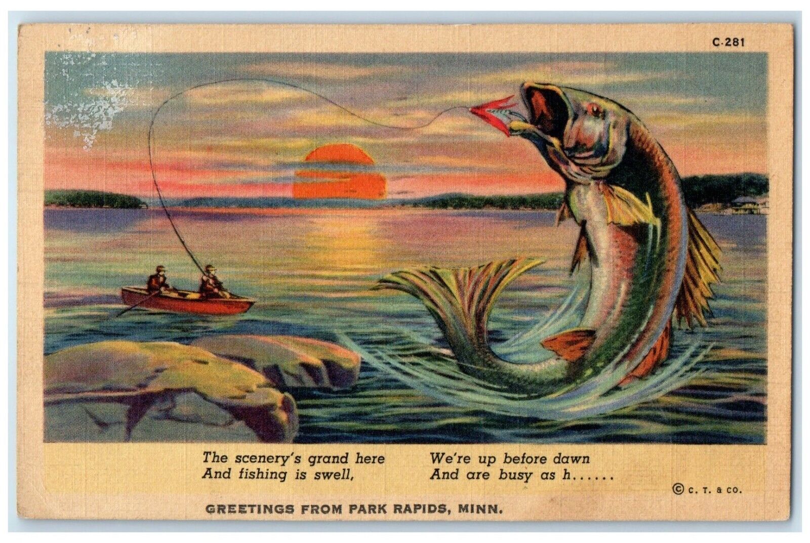 1938 Greetings From Park Rapids Minnesota MN Exaggerated Sunset Vintage Postcard