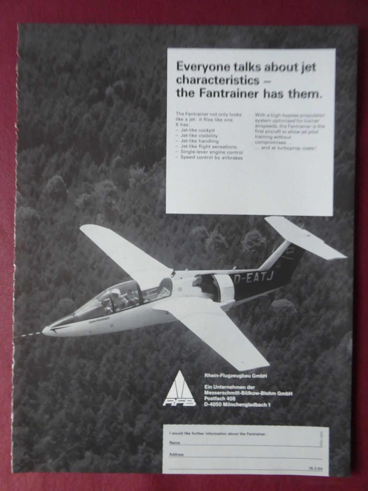 2/1984 PUB RFB RHEIN AIRCRAFT BUILDING FAN TRAINER D-EATJ TRAINER AIRCRAFT ORIGINAL AD