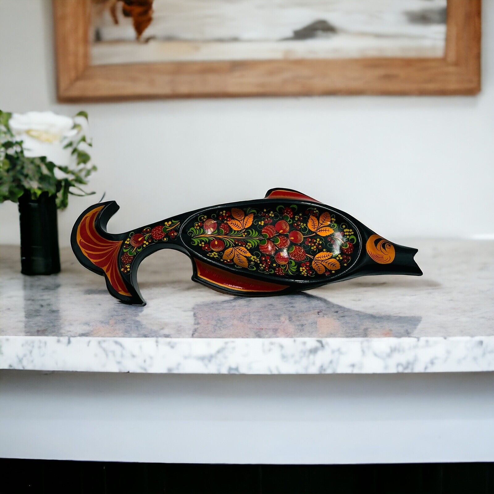 Khokhloma Decor Fish Wooden Hand Painted Plate Platter Kulkhoma