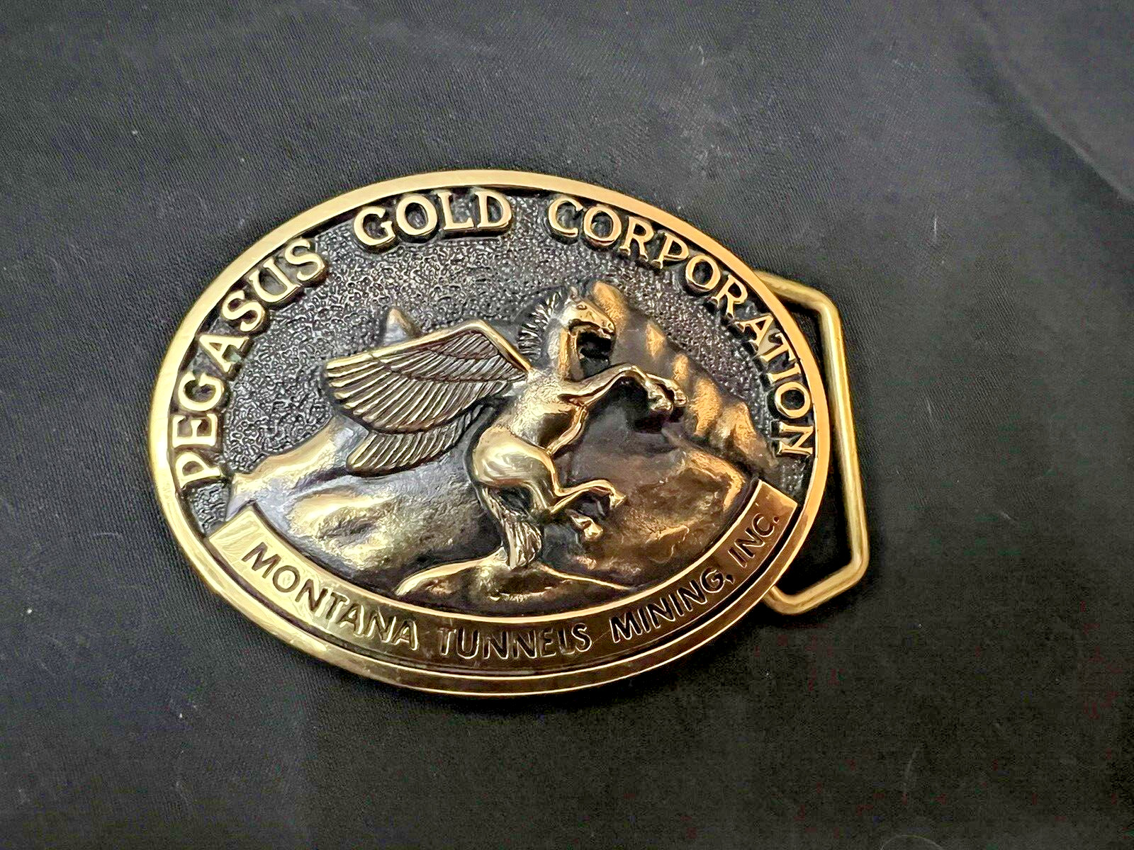 Vintage Pegasus Gold Corporation Brass Belt Buckle Montana Tunnels Mining Inc