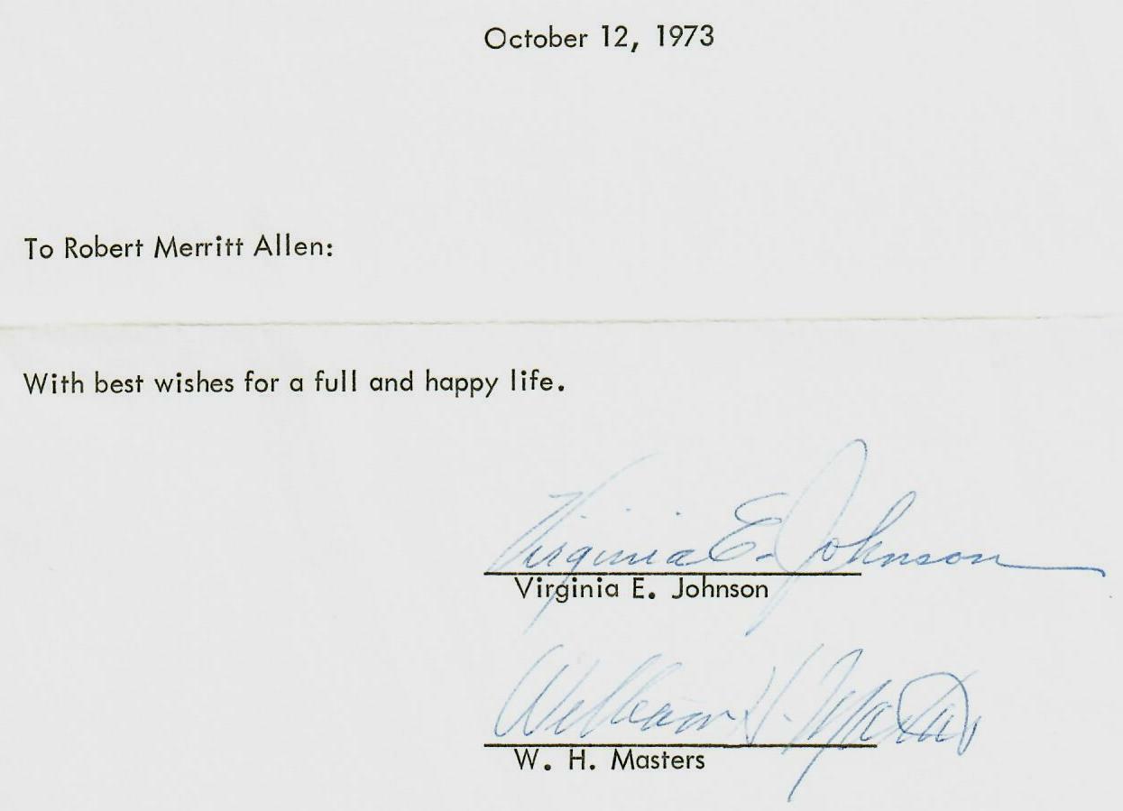 “Sexual Disorders” William Masters And Virginia Johnson Signed Page Dated 1973