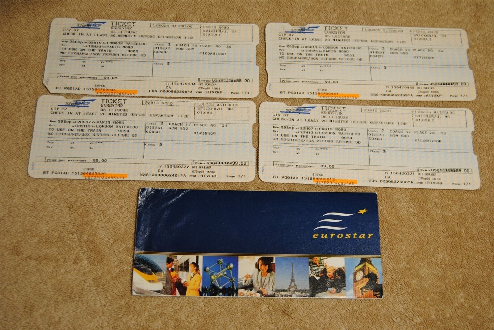 Old Eurostar Train Ticket Stubs and Brochure London Waterloo Paris Nord
