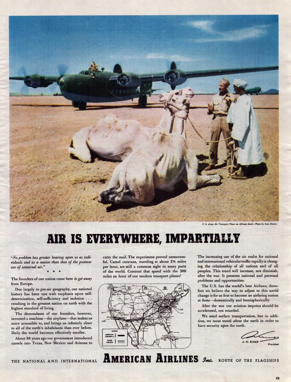 1944 American Airlines WWII Print Ad US Army Air Transport Plane Camels Desert