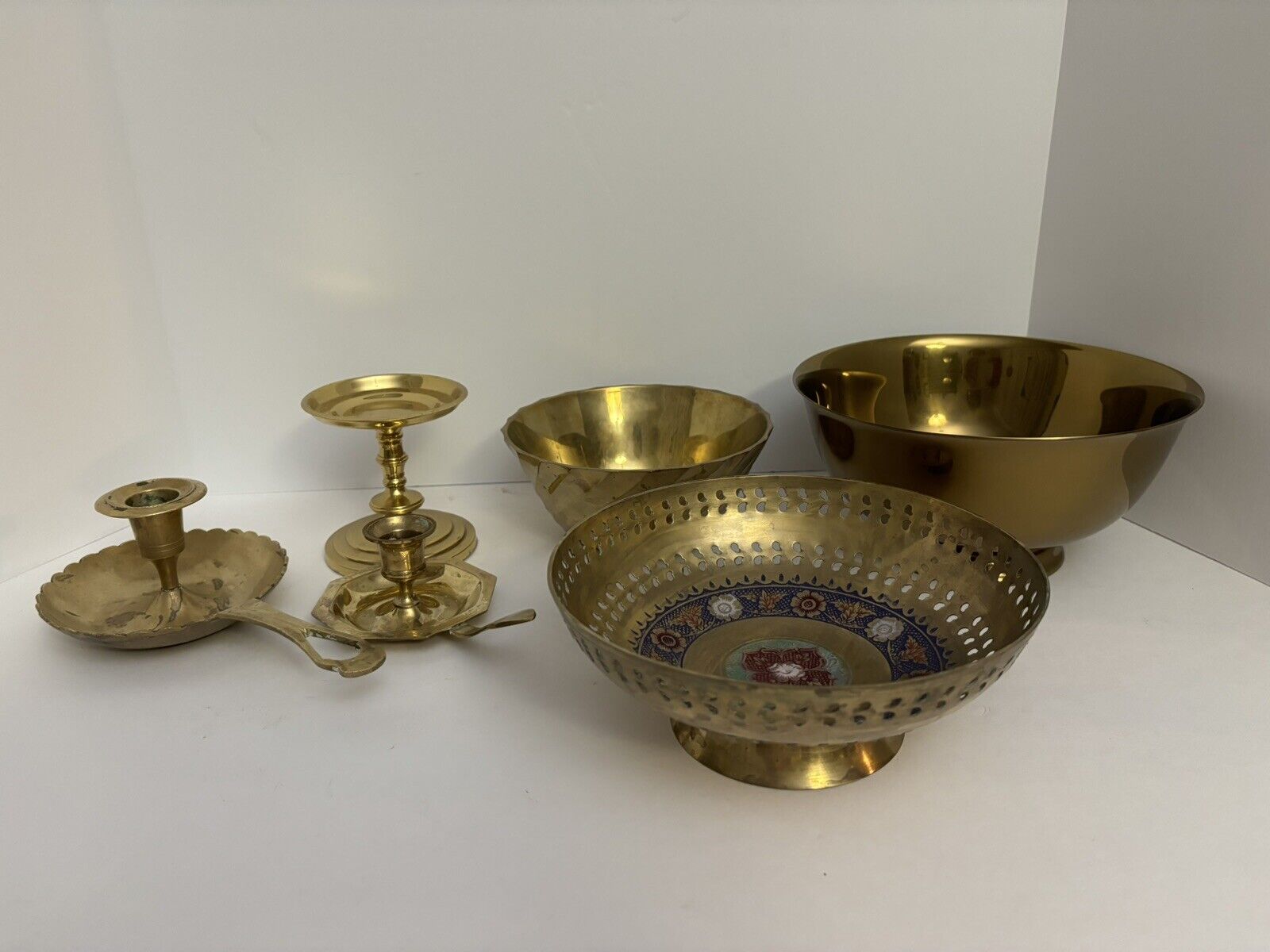 Vintage Lot Of 3 Solid Brass Bowls And 3 Brass Candle Sticks