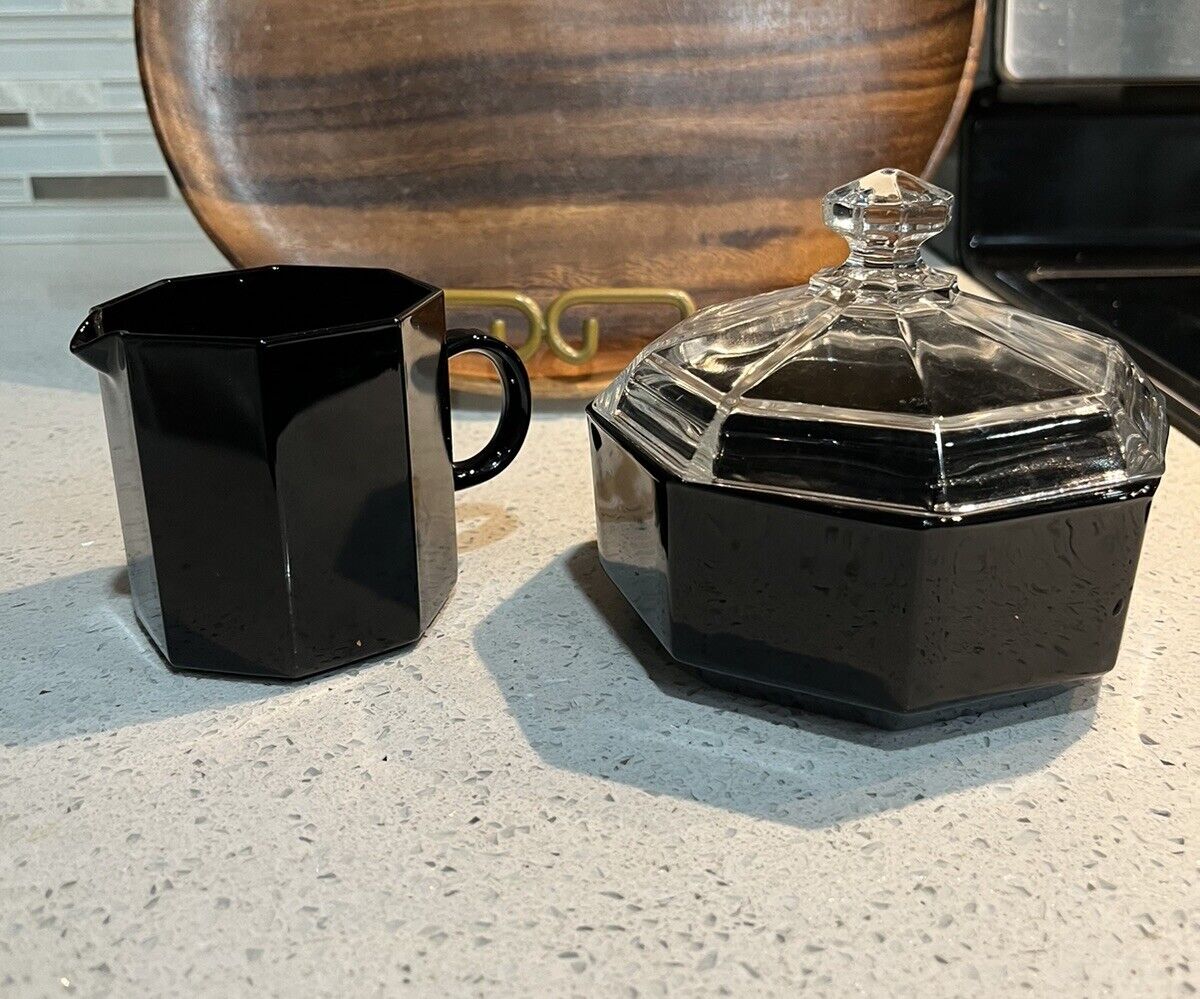 Vintage Arcoroc Octime Black Glass Cream & Coverd Sugar Bowl. Made In France