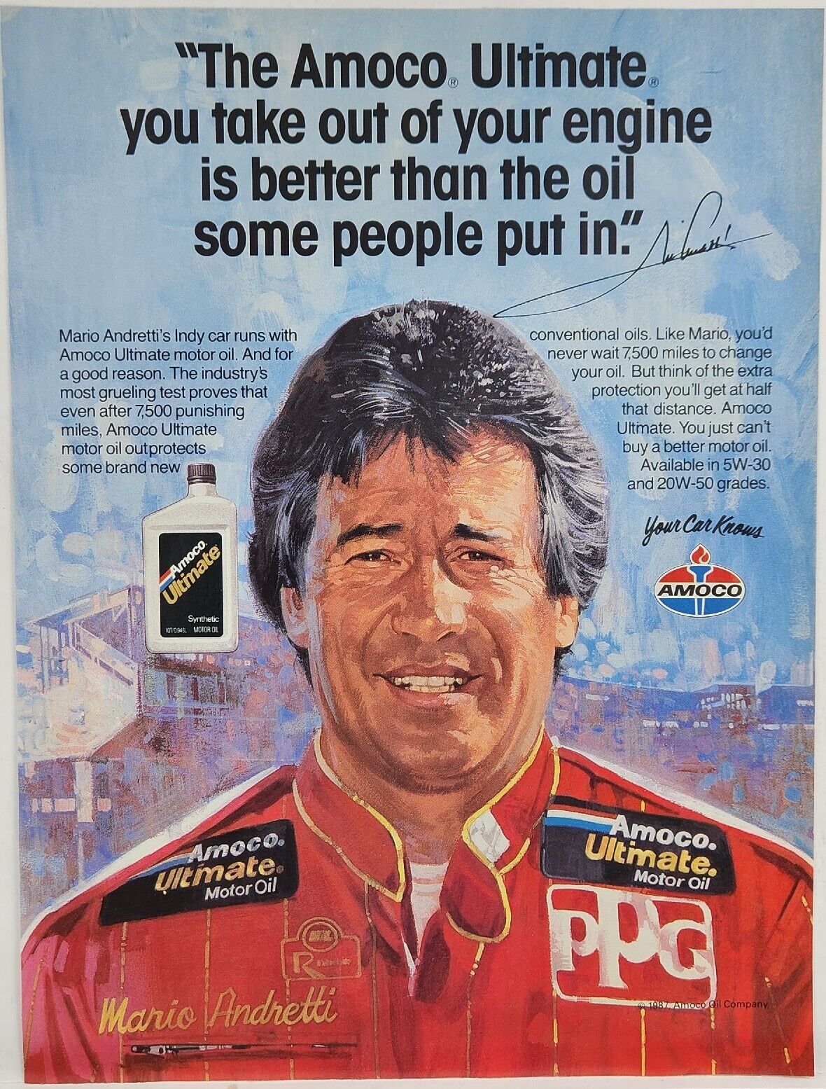 1987 Amoco Oil Mario Andretti Indy 500 Print Ad Man Cave Poster Art Deco 80\'s