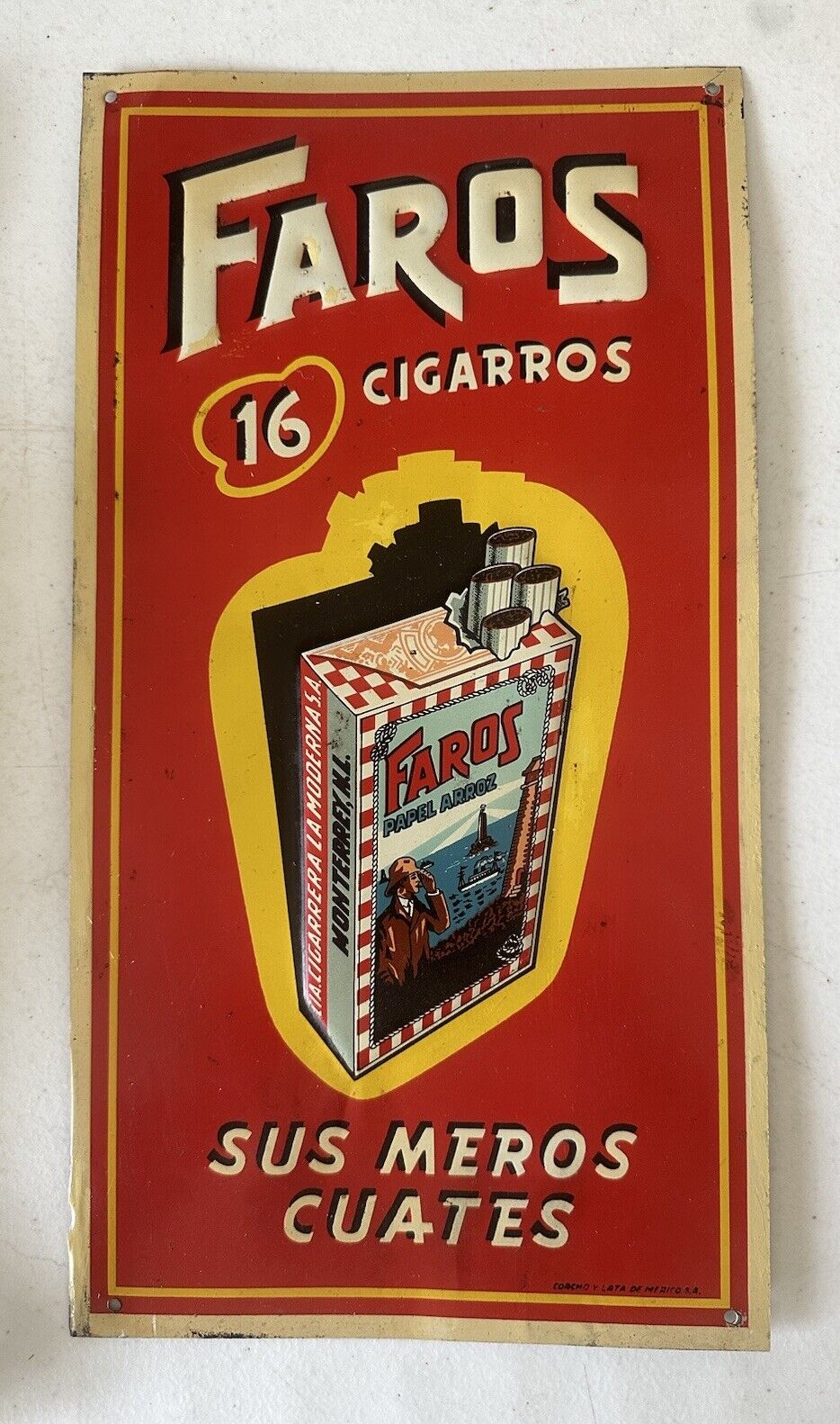 Cigarros FAROS Cigarettes 1940’s Tin Sign 14x7.5” Tobacco Mexico •Super Rare•