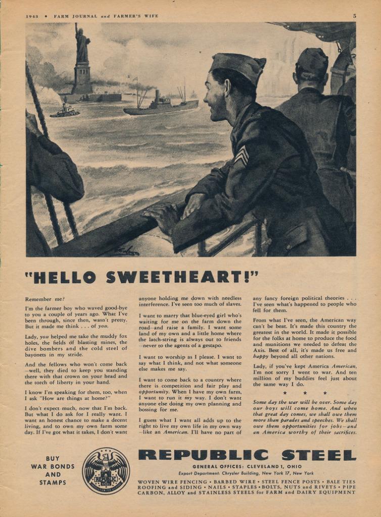 Magazine Ad - 1943 - Republic Steel - World War II - Hello Sweetheart