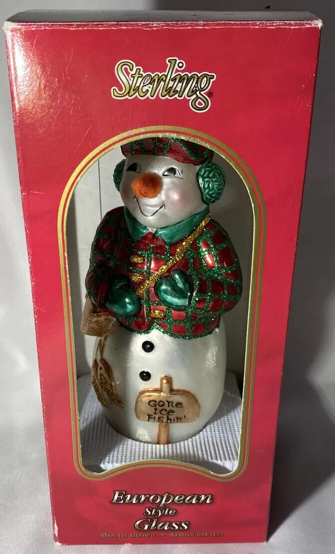 Sterling European style Glass Christmas Snowman Ornament Gone fishin’ Mouth Blow