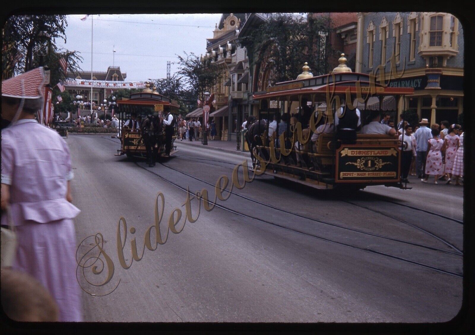 Disneyland Main Street 35mm Slide 1950s Red Border Kodachrome Trolley