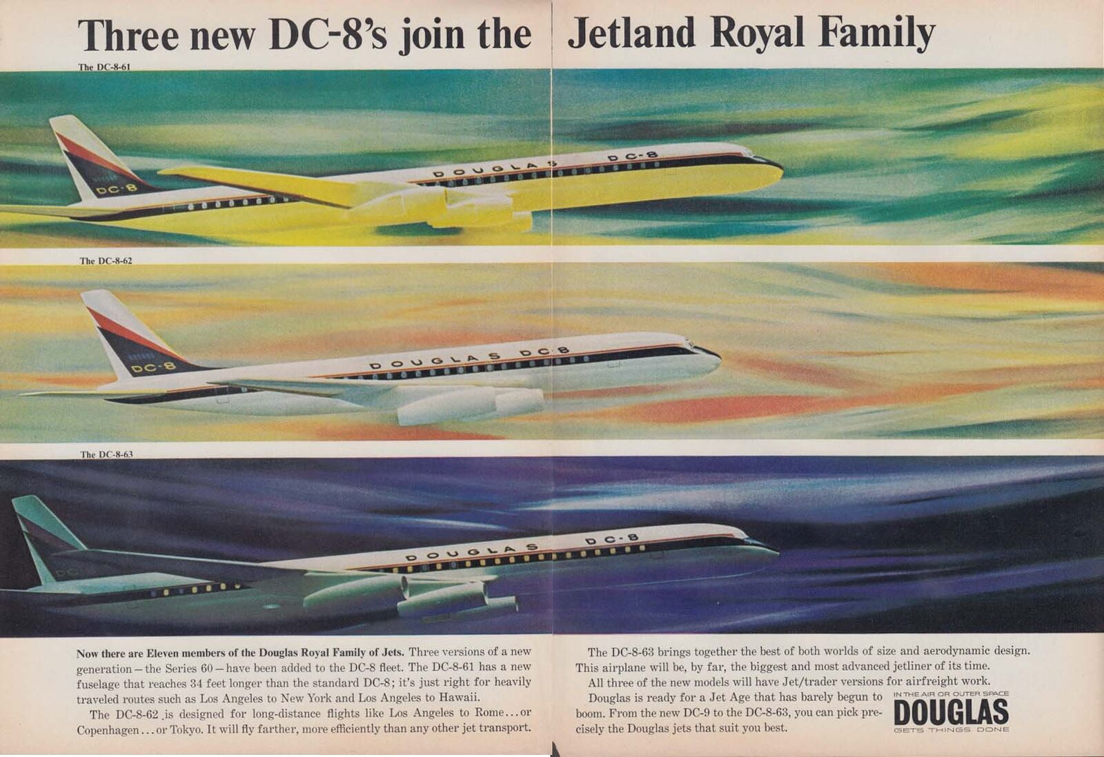 3 new DC-8s join Jetland Royal Family Douglas DC-8-61 DC-8-62 DC-8-63 ad 1965