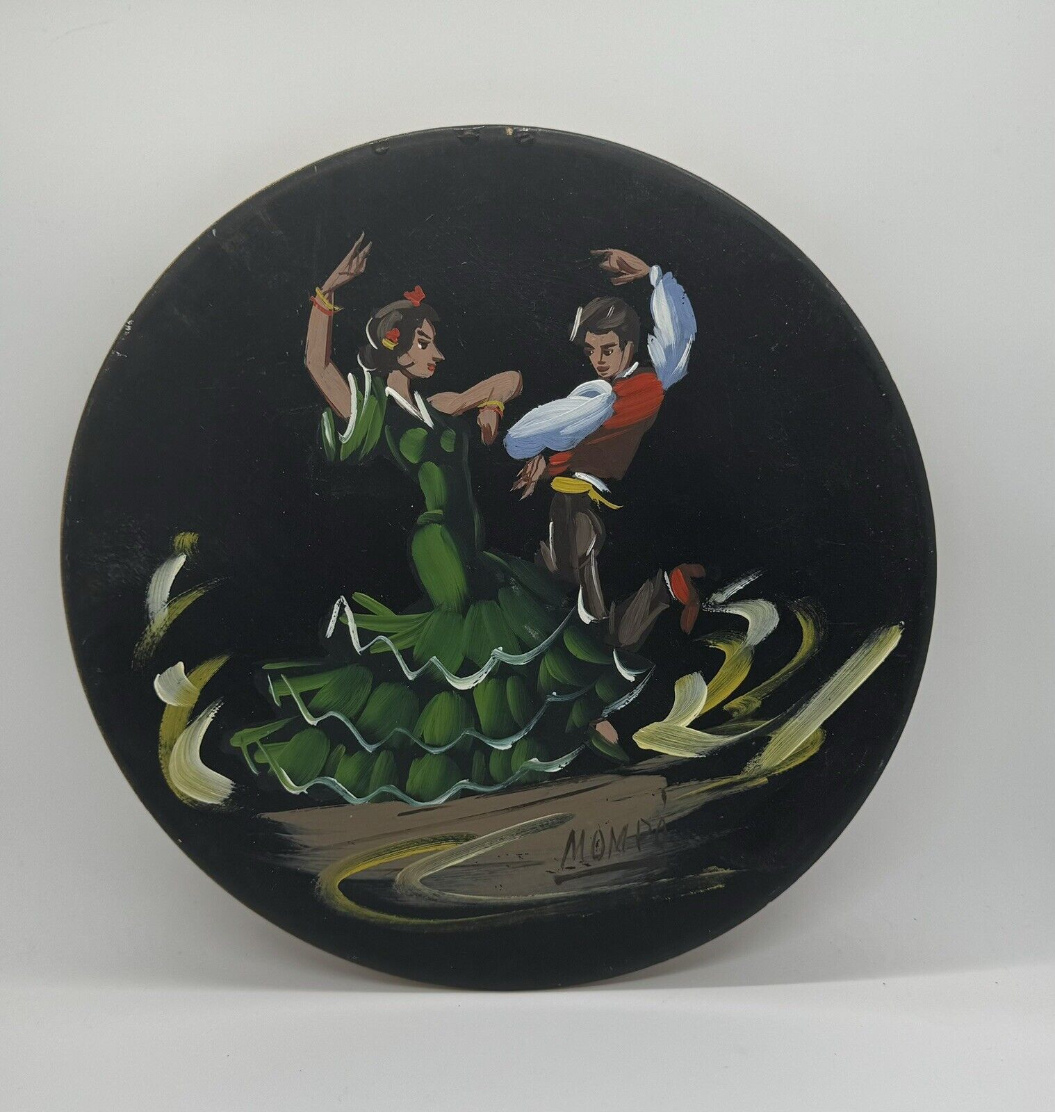 Vintage Spain Wooden Plate Painted Flamenco Spanish Dancers Art Mompo?