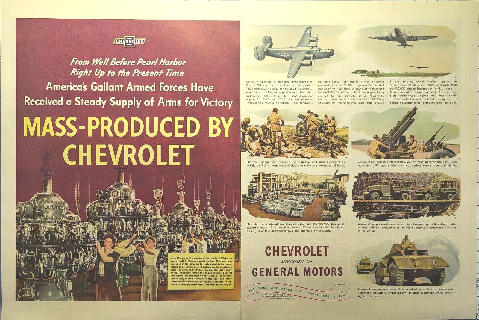 Chevrolet Pratt & Whitney Radial Aircraft Engines for AAF Vintage Print Ad 1945