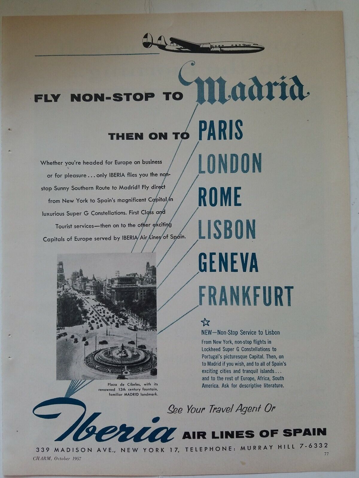 1957 Iberia Airlines of Spain fly nonstop to Madrid vintage travel ad