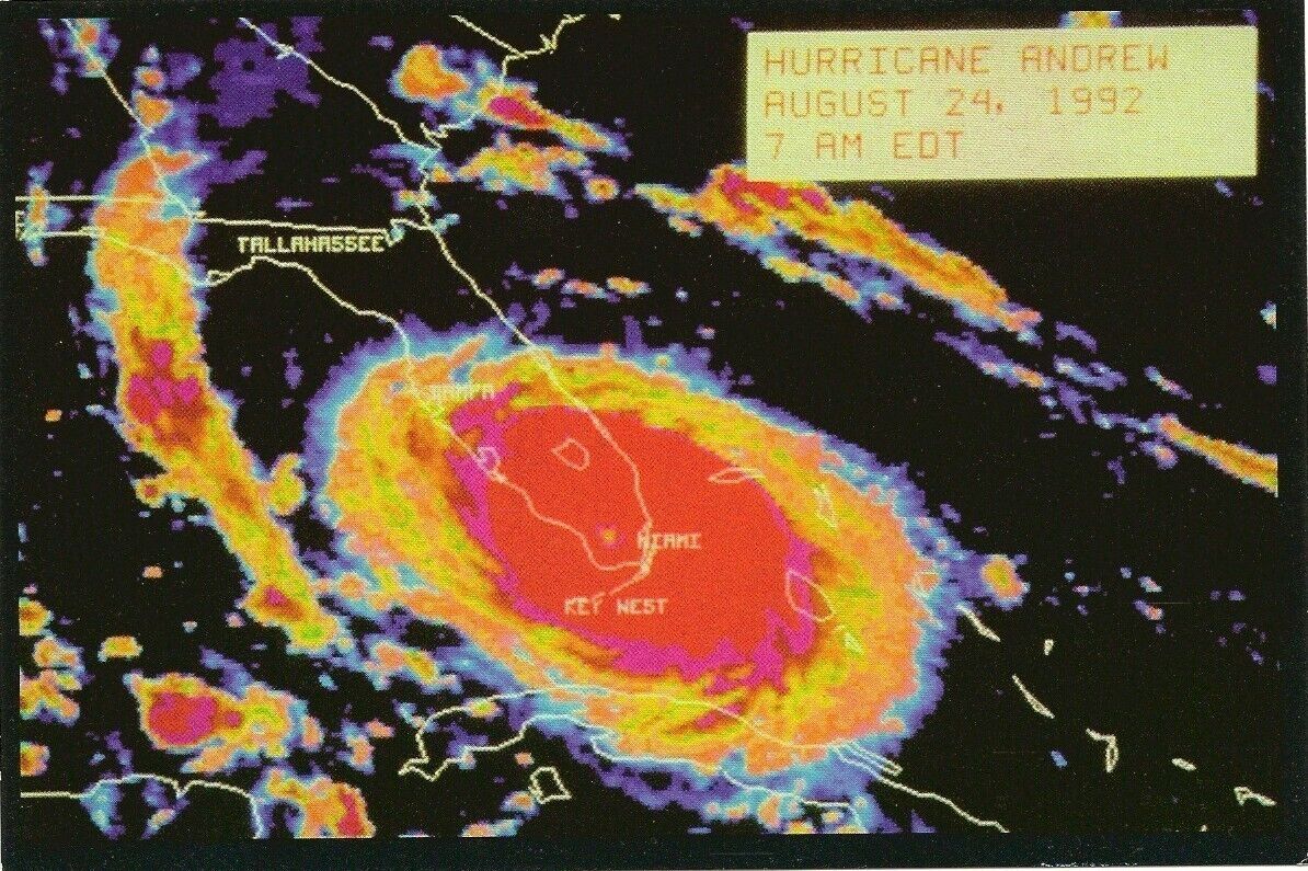 1992 HURRICANE ANDREW Map Photo Postcard Miami Florida NOAA Satellite Image