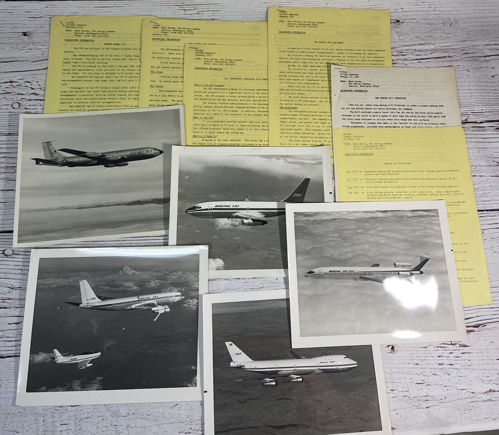 6 VTG Boeing News Releases ‘65-‘70-B-47,  SST ISSUES & 5 Photos Inc 727-300, 707