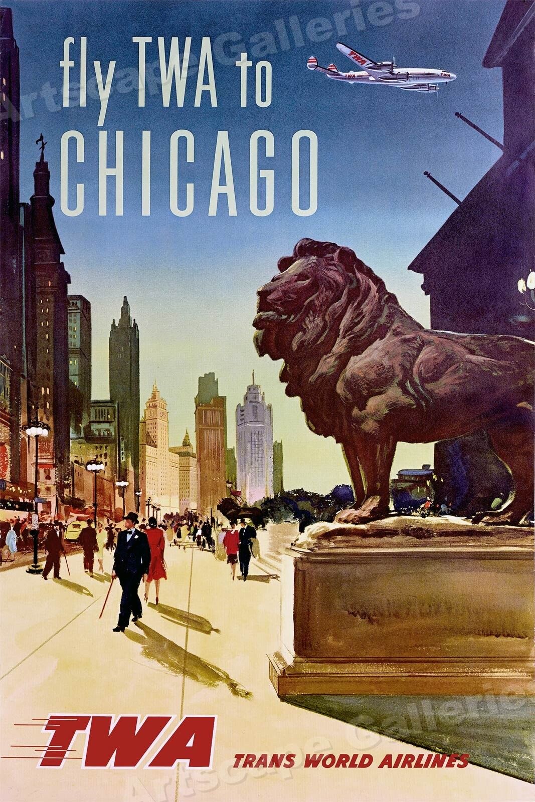 TWA See Chicago Lion 1960s Vintage Style Air Travel Poster - 16x24