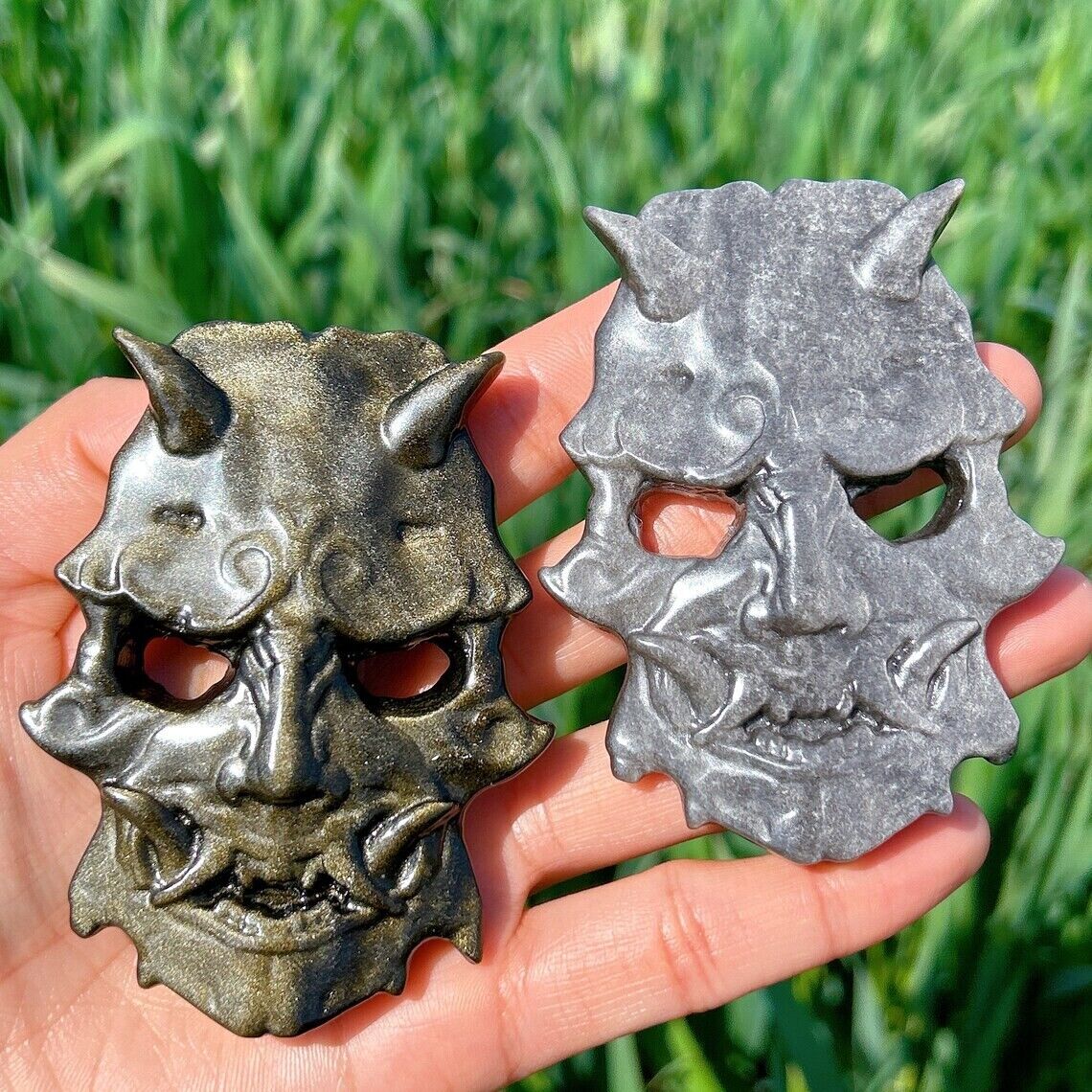 2pc Natural Gold/Silver Obsidian Mask Hand Carving Quartz Crystal