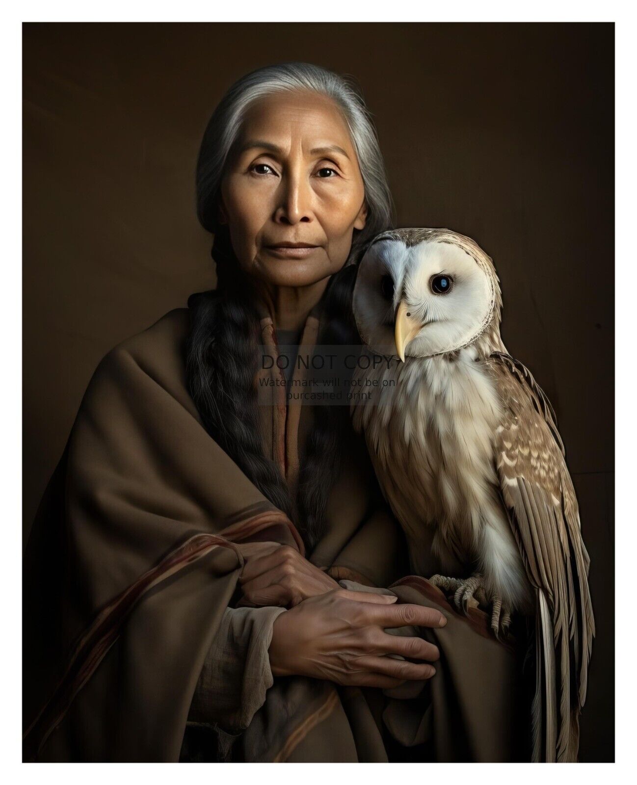 NATIVE AMERICAN ELDER WOMEN WITH OWL 8X10 FANTASY PHOTO