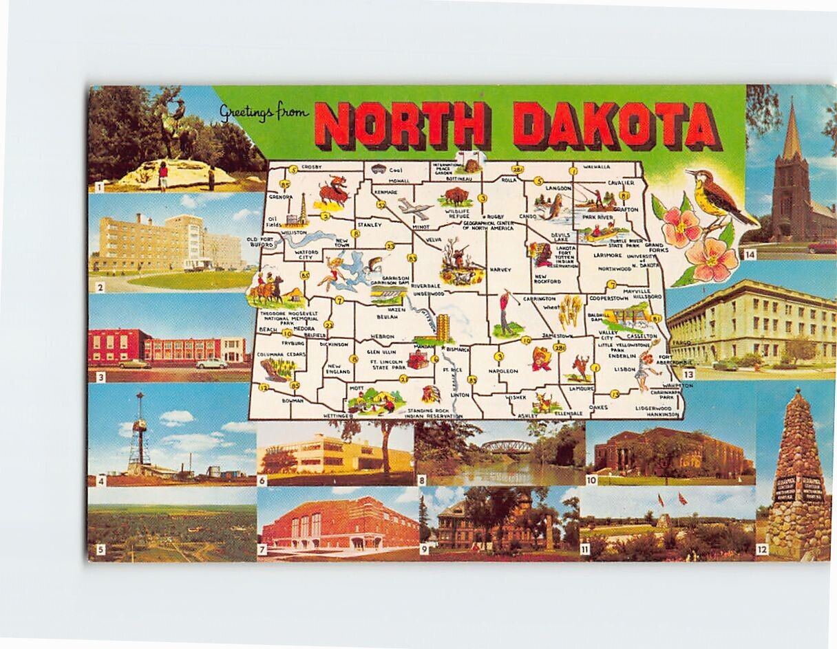 Postcard North Dakota Map & Landmarks Greetings from North Dakota USA