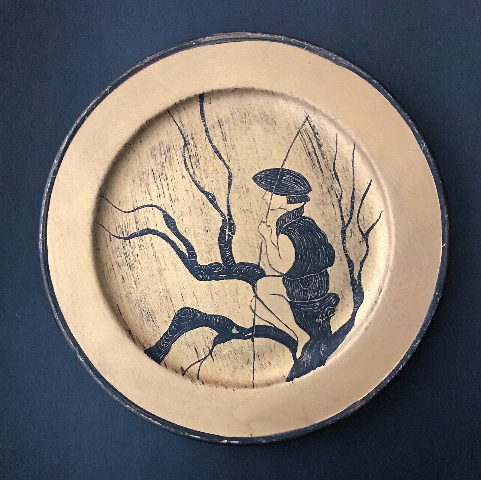 Vintage Block Woodcut Art Pottery Plate Man Fishing In Tree Heavyweight