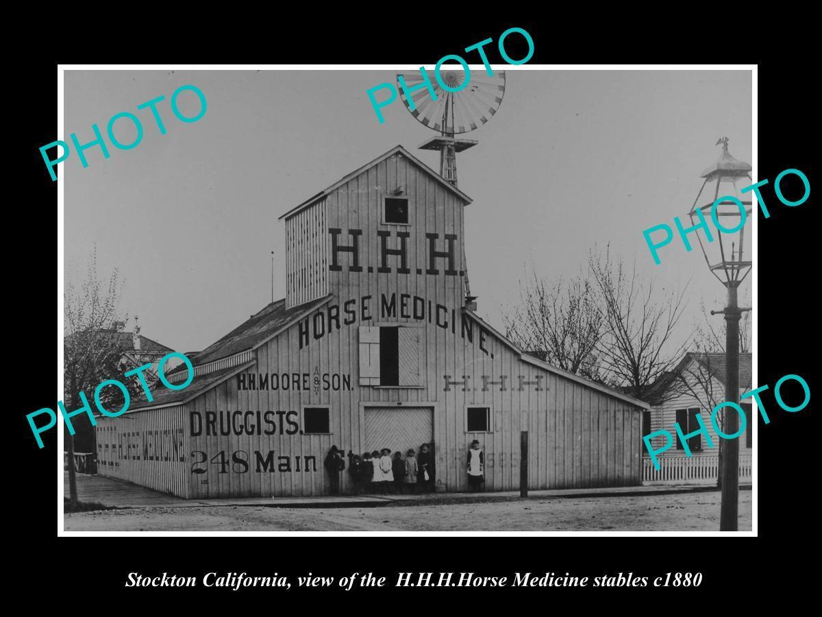OLD LARGE HISTORIC PHOTO OF STOCKTON CALIFORNIA THE HORSE MEDICINE STABLES 1880