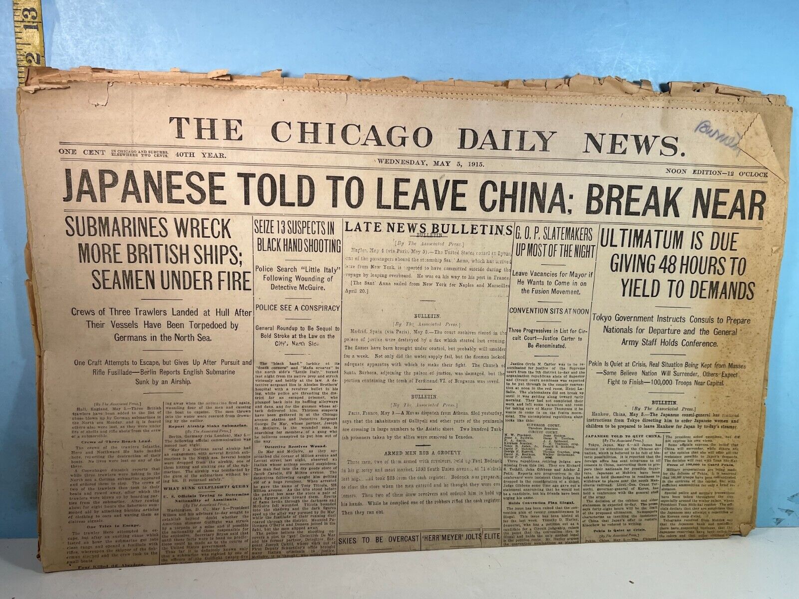May 5, 1915 Chicago Herald Newspaper Japan Told To Leave China, German Subs Atk