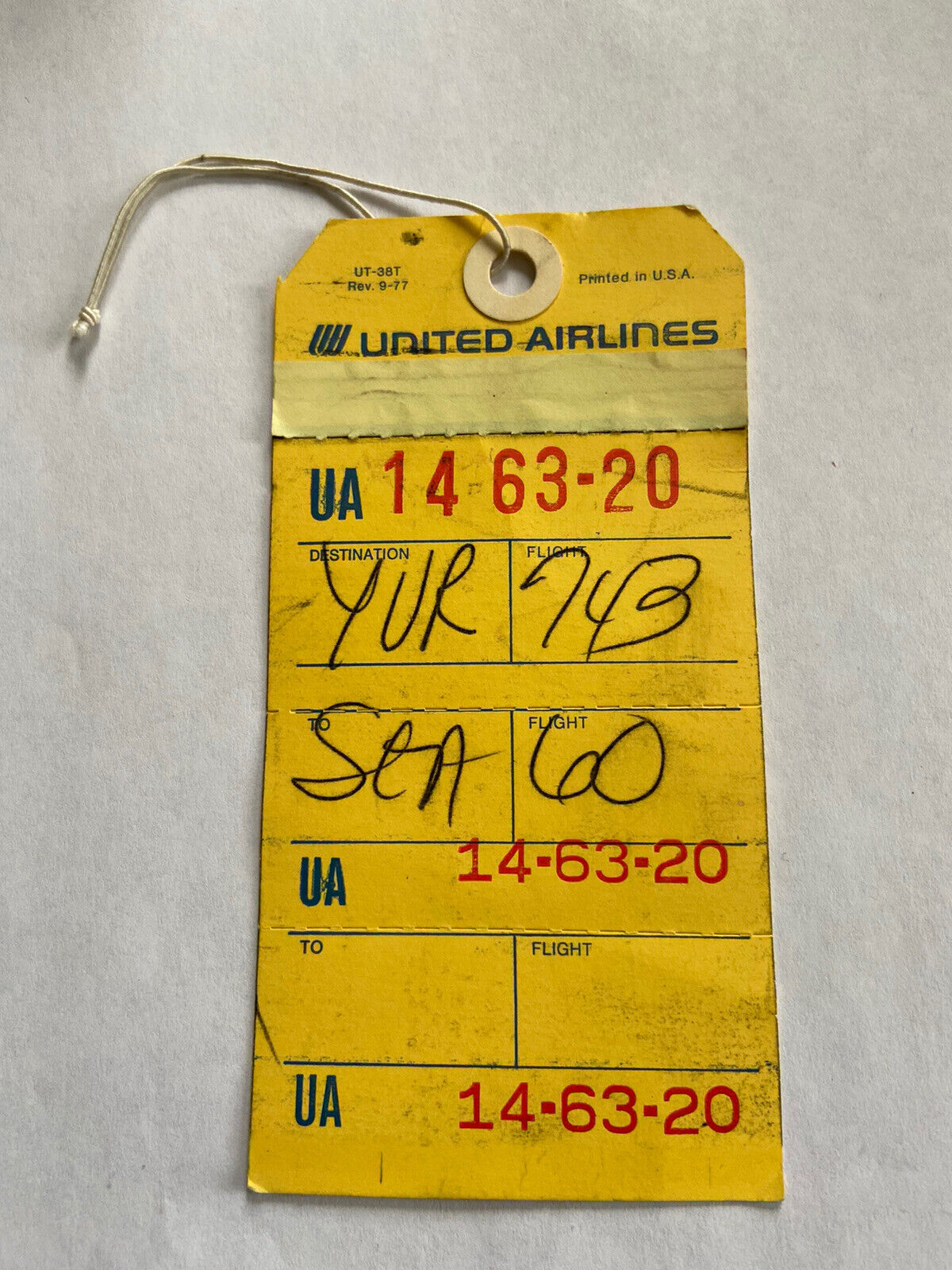 UNITED AIRLINES UA 14-63-20  YVR SEA Passenger Baggage Tag