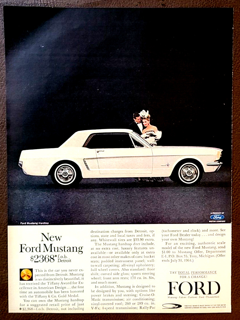 White Ford Mustang Hardtop Original 1964 Vintage Print Ad Wall Art