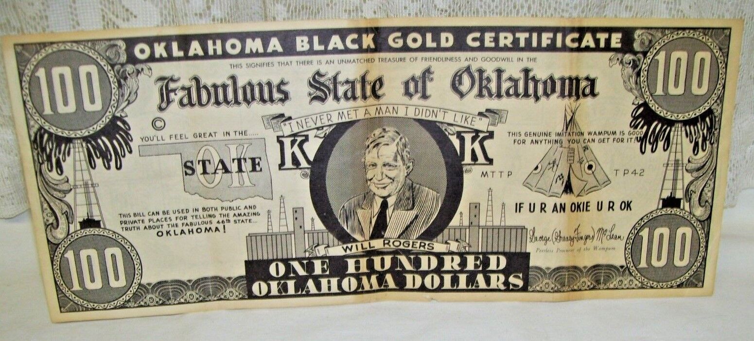 1952 Oklahoma Black Gold Certificate Features Will Rogers