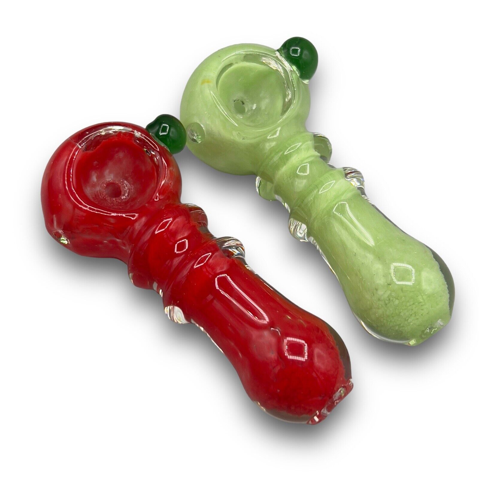 Small Tobacco Glass Bowl Smoking Spoon Pipe Lot - Green & Red - Bundle Set
