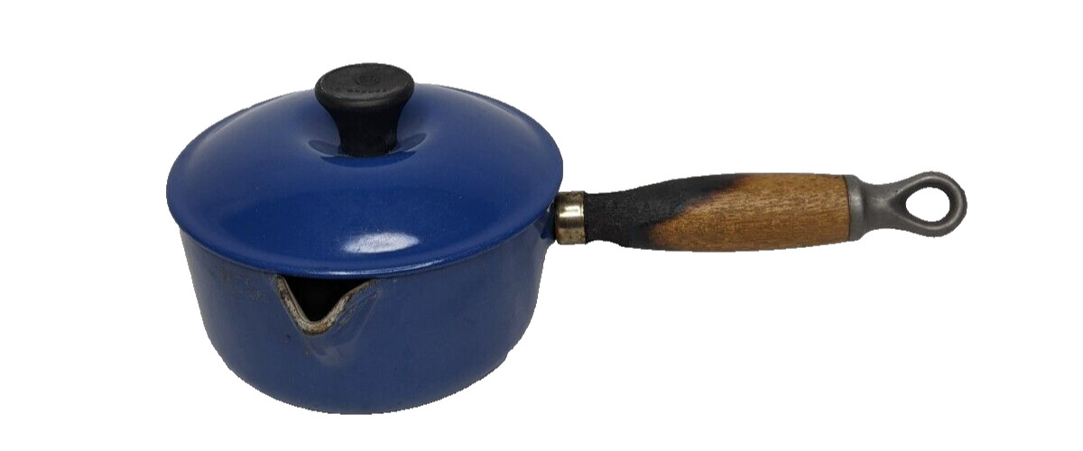 Vintage Le Creuset #14 Cast Iron Enamel Blue Sauce Pan &Lid Wooden Handle France