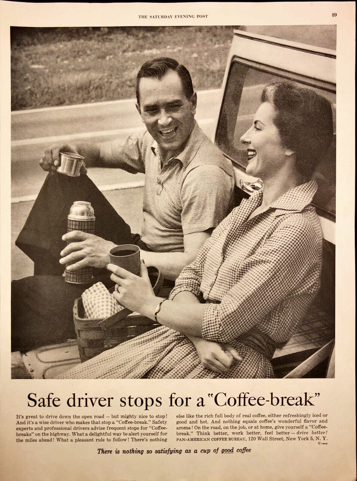 1955 Pan-American Coffee Bureau Print Ad Couple Taking Coffee Break on Tailgate