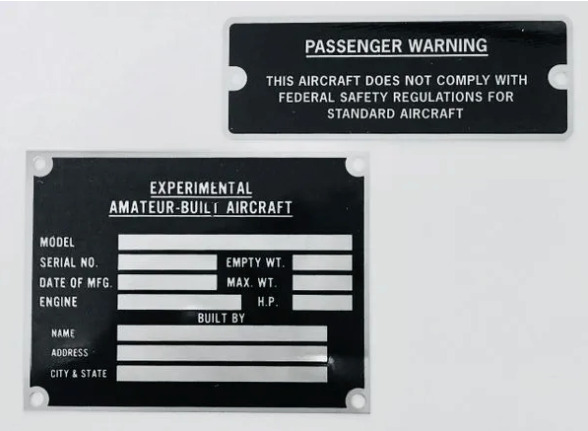 Amateur Built Experimental Aircraft Placard & Data Plate Grouping  GRP-0113
