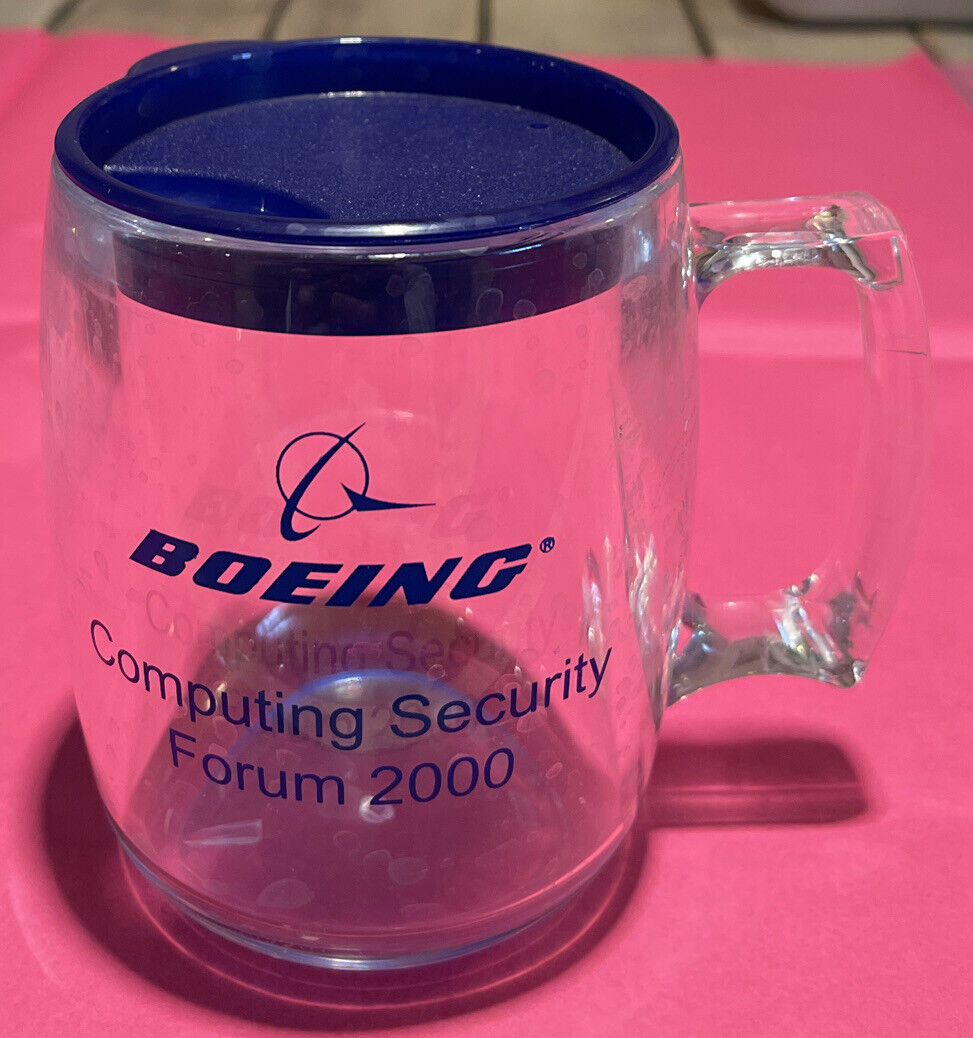 Boeing Computing Security Forum 2000 Mug With Lid Clear Blue Plastic Travel