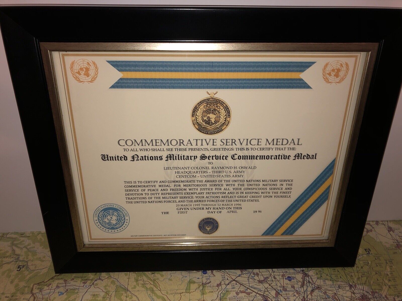 UNITED NATIONS MILITARY SERVICE COMMEMORATIVE MEDAL CERTIFICATE ~ Type 1