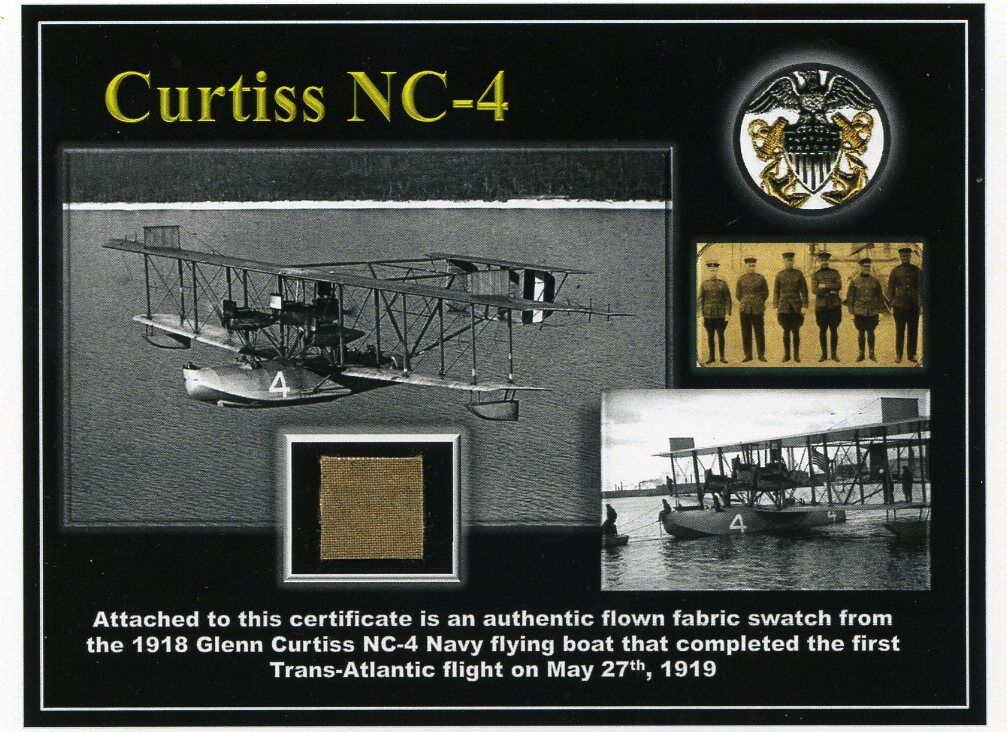 Curtiss NC-4 Genuine Piece of Original Fabric on a Dazzling Certificate